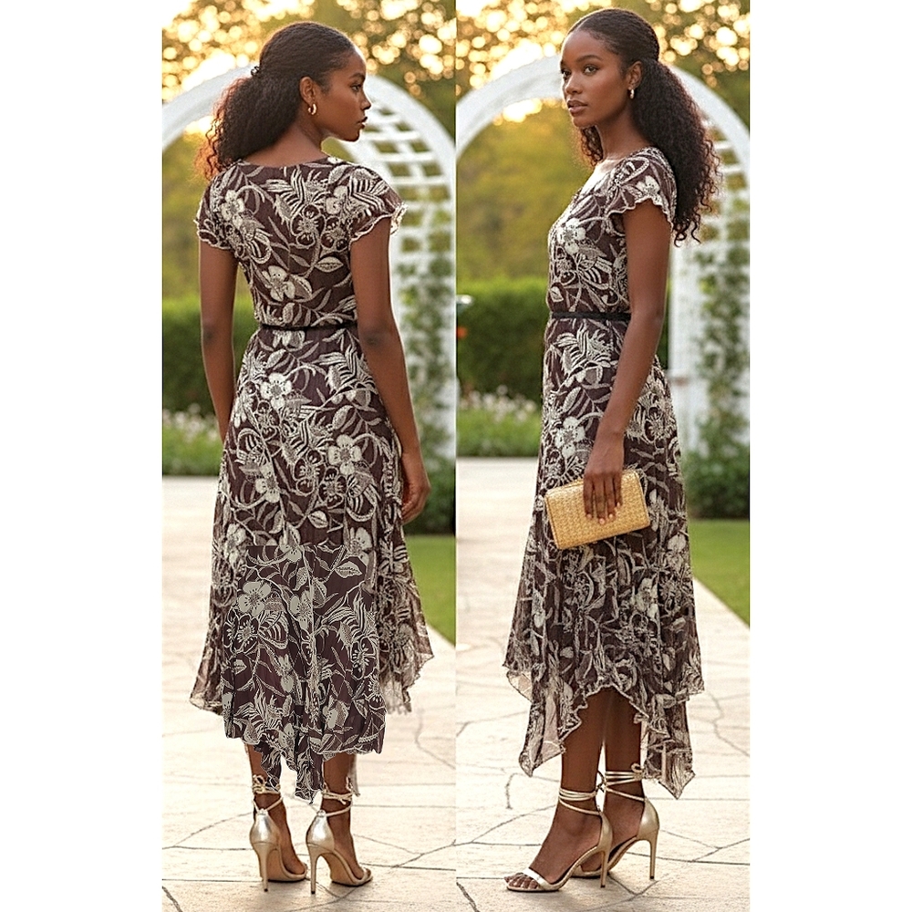 Vintage 80's Crepe Floral Short Sleeved Maxi Dress By Linea Domani Italy - Picture 3 of 16